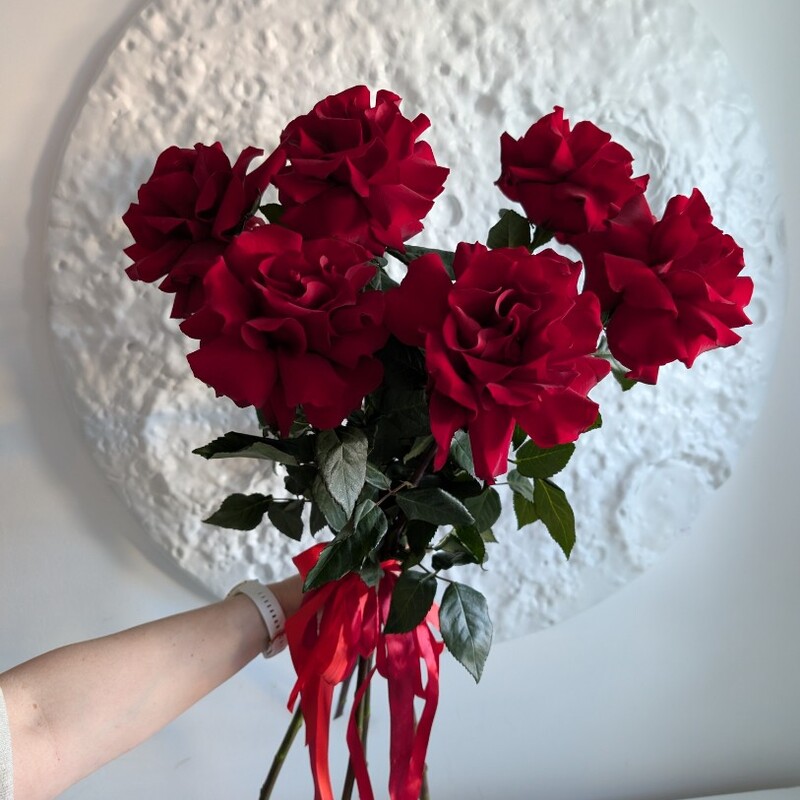 Красные французские розы с лентами