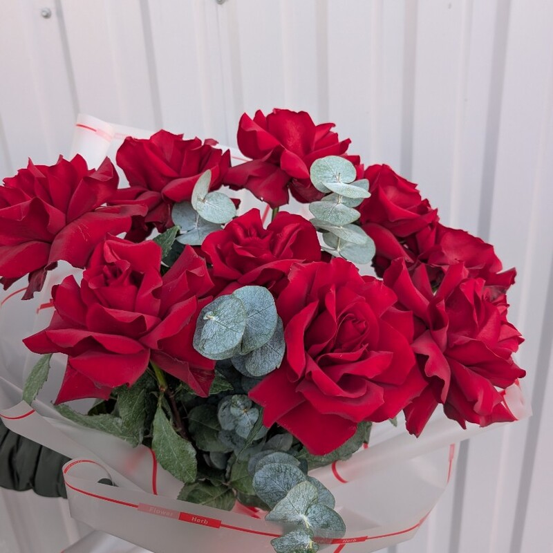 Красные французские розы с эвкалиптом,